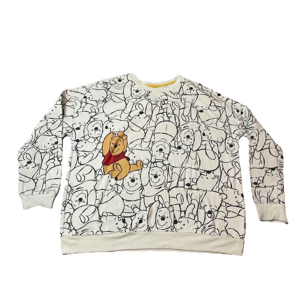 Disney Winnie the Pooh Sweatshirt Cream Graphic Print Honey Pot Pullover L AOP
